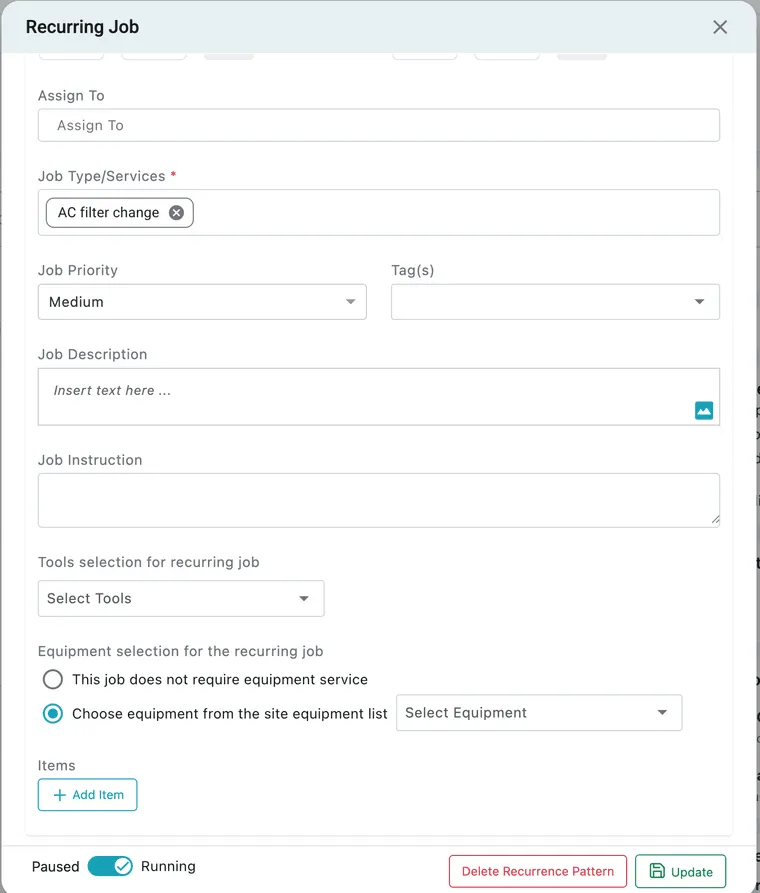 Set data for upcoming jobs, expanded: Assign To, Job Type/Services, Job Priority, Tag(s), Job Description, Job Instruction, Tools selection, the two equipment radios, and Items with Add Item