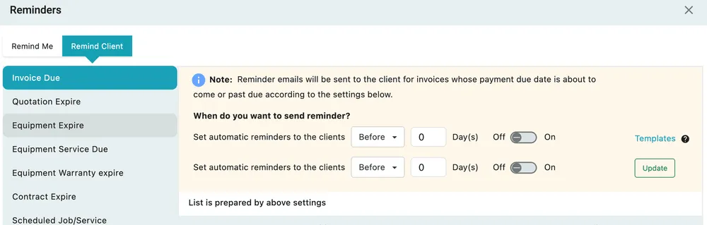 The Invoice Due settings: two Before/After day rules with Off and On toggles, a Templates link, and Update