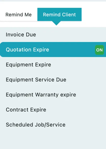 The Remind Client tab: the seven things a client can be reminded about, with an ON badge against the ones switched on