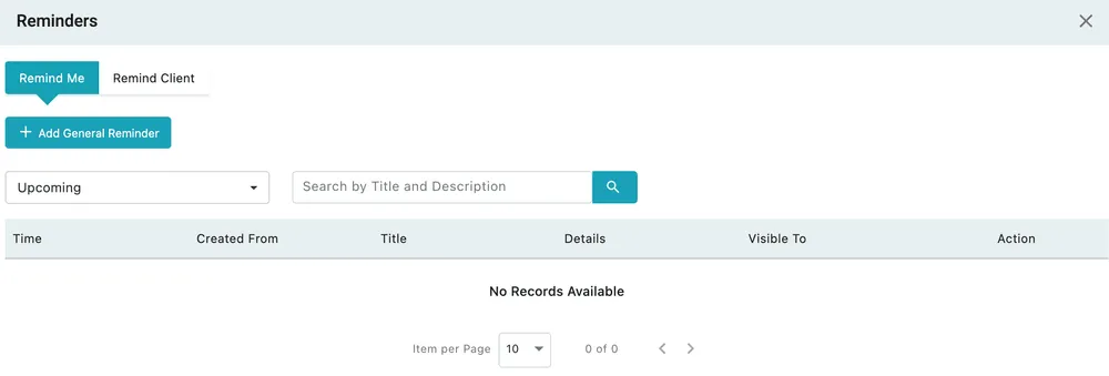 The Reminders panel on the Remind Me tab: Add General Reminder, an Upcoming filter, a search box, and the table of reminders