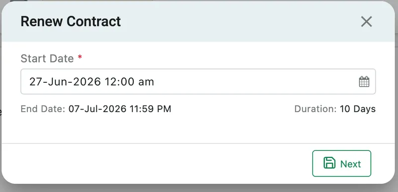 The Renew Contract dialog: a required Start Date, with the End Date and Duration it derives shown underneath, and Next