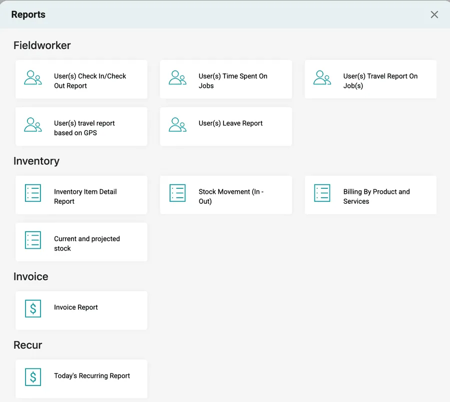 The catalogue open, with the Fieldworker, Inventory, Invoice and Recur sections and the report types in each