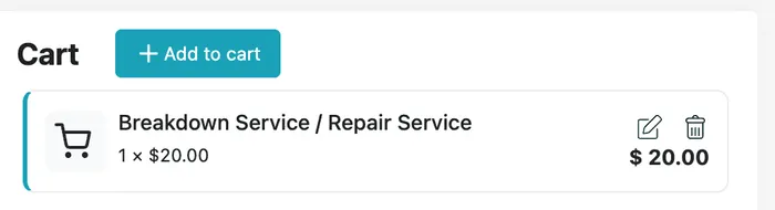 The Cart panel with Add to cart, and one line reading Breakdown Service / Repair Service, 1 × $20.00, $20.00