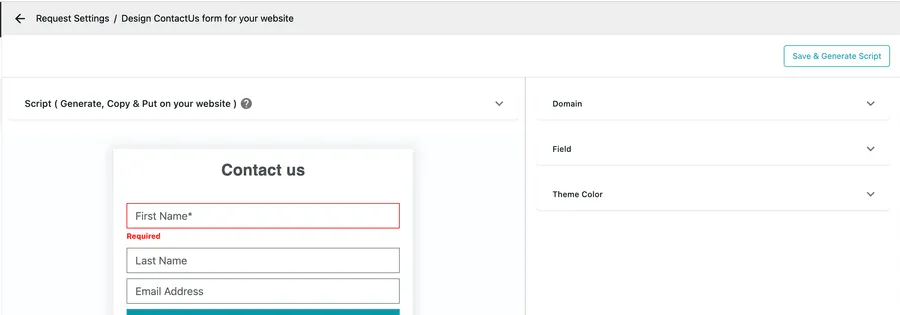 The Design ContactUs form screen with a script section, a domain section and a Save & Generate Script button