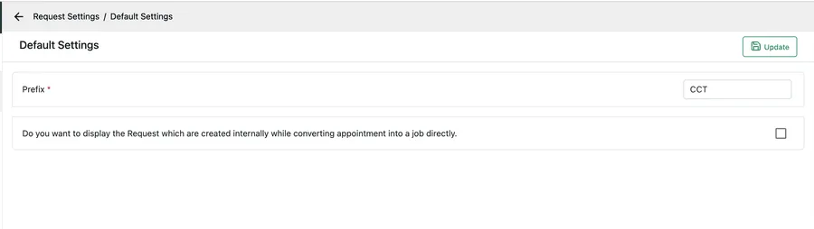 Request default settings: a prefix field and a tick box about displaying internally created requests