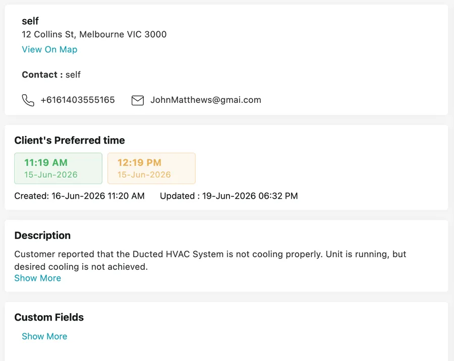 The client card with address and contact details, the Client's Preferred time card, the Description and Custom Fields cards