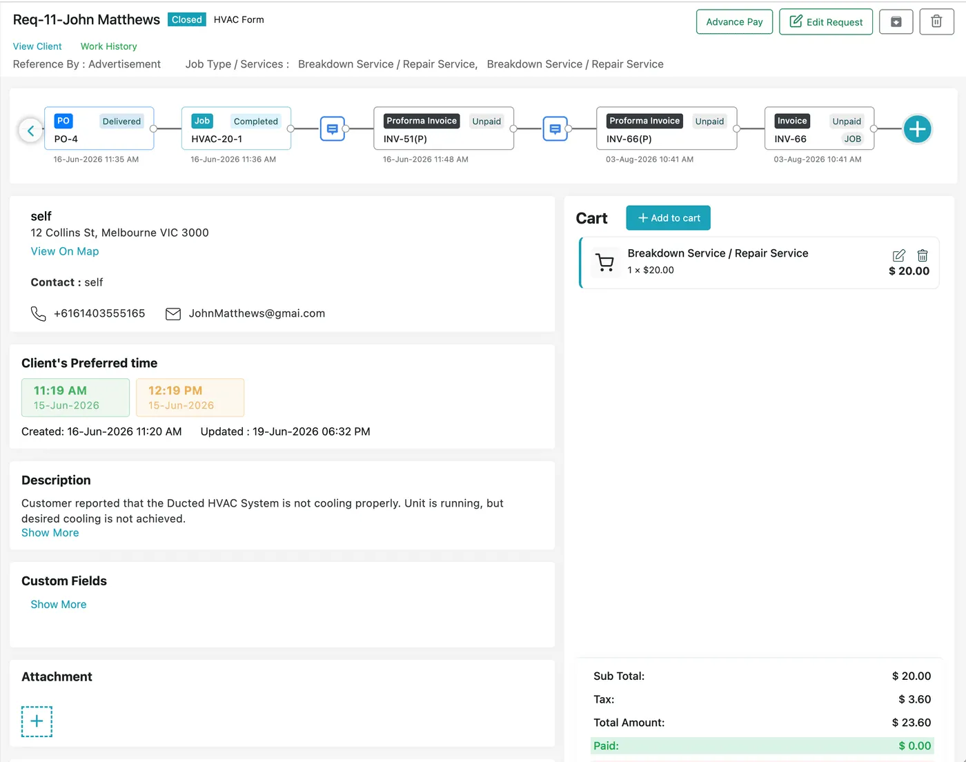 The full request page: header, timeline, client and preferred time, description, custom fields and attachment down the middle, cart and totals on the right