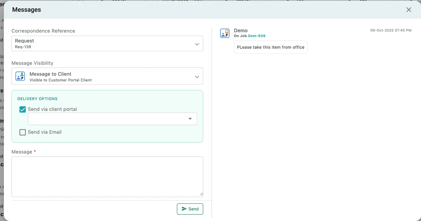 The Messages window: Correspondence Reference set to Request Req-139, Message Visibility set to Message to Client, delivery options for client portal and email, the message box, and the conversation so far on the right