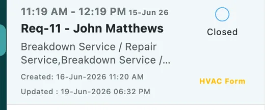 One list entry: the preferred time slot and date, the request label and client name, the services asked for, created and updated timestamps, the status, and the form name