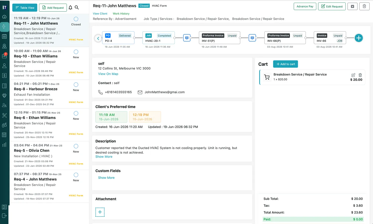 Simple View: the request list on the left with Req-11 highlighted, its details filling the panel on the right