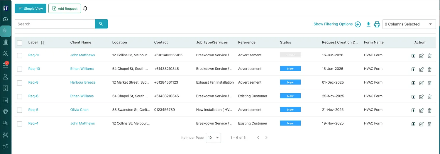 Table View with columns for label, client, location, contact, services, reference, status, creation date and form name
