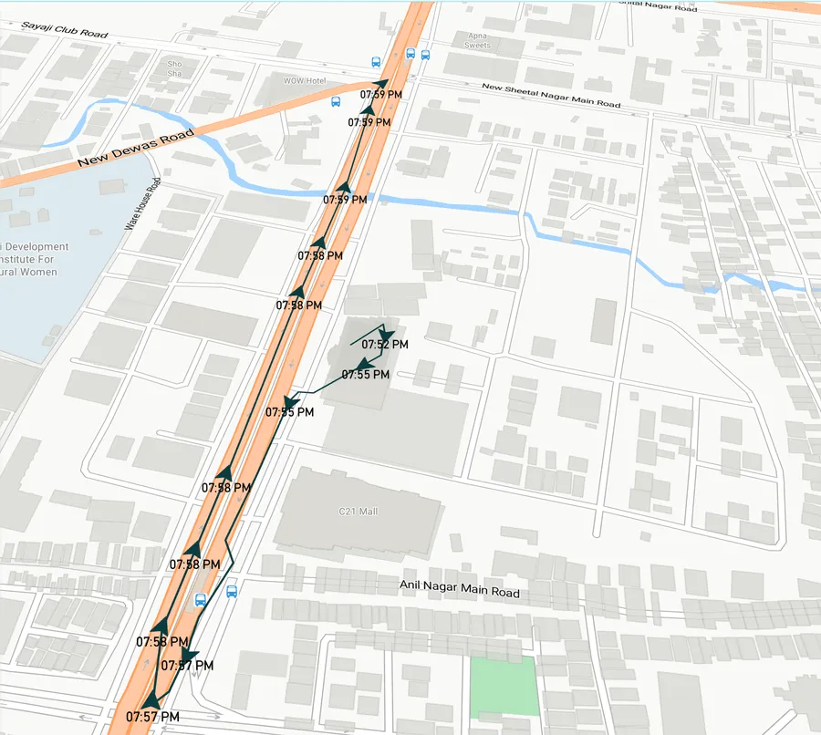 A worker's route drawn on the map, with direction arrows and timestamps at each recorded point