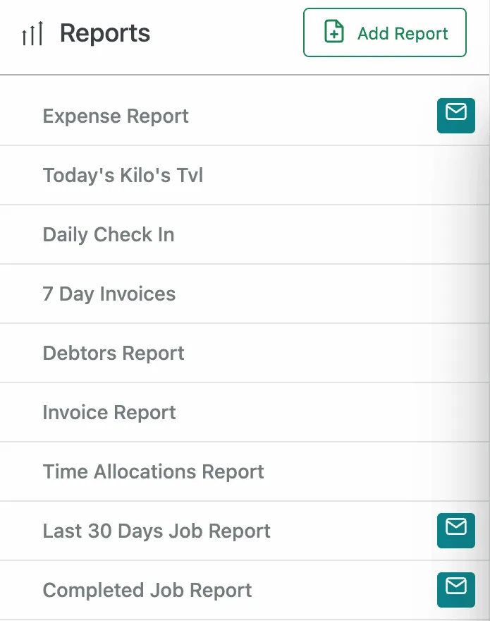 The saved-report list: Add Report at the top, then saved reports by name, some carrying an envelope
