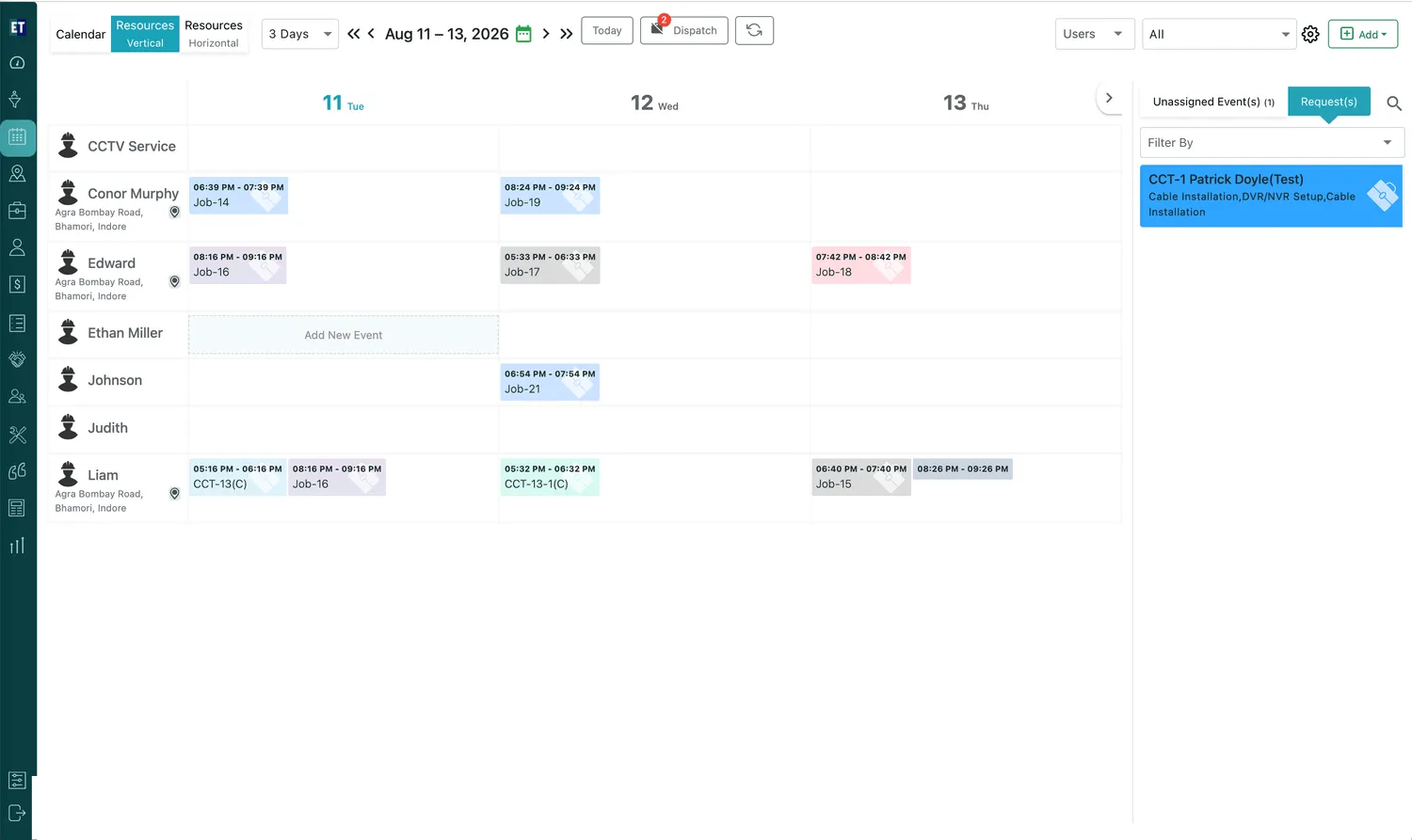 The whole scheduler: the toolbar across the top, fieldworkers down the left with their addresses, three days of work as coloured strips, and the side panel of waiting work on the right