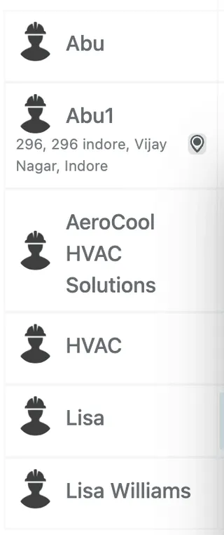Resource rows: Abu, Abu1 with an address and a location pin, AeroCool HVAC Solutions, HVAC, Lisa, Lisa Williams