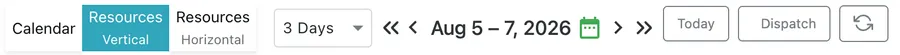 The view switcher: Calendar, Resources Vertical and Resources Horizontal, the period dropdown, date navigation and Today