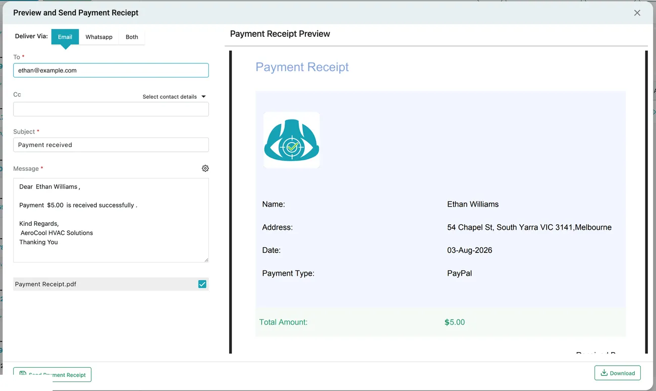 The Preview and Send Payment Receipt window, with the message on the left and the receipt preview on the right