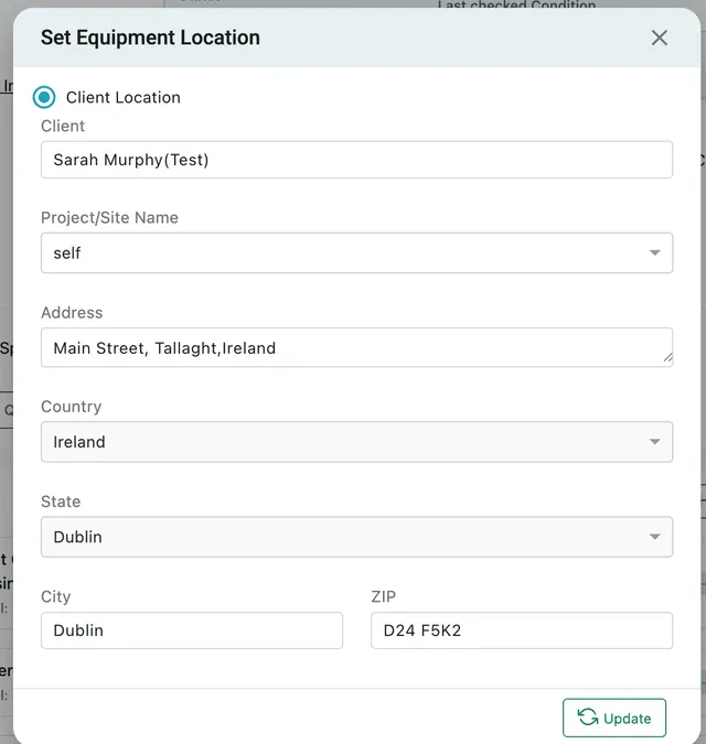 Set Equipment Location: Client Location selected, with Client, Project/Site Name, Address, Country, State, City and ZIP