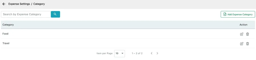 The Category screen: a search box, an Add Expense Category button, and Food and Travel listed with edit and delete icons