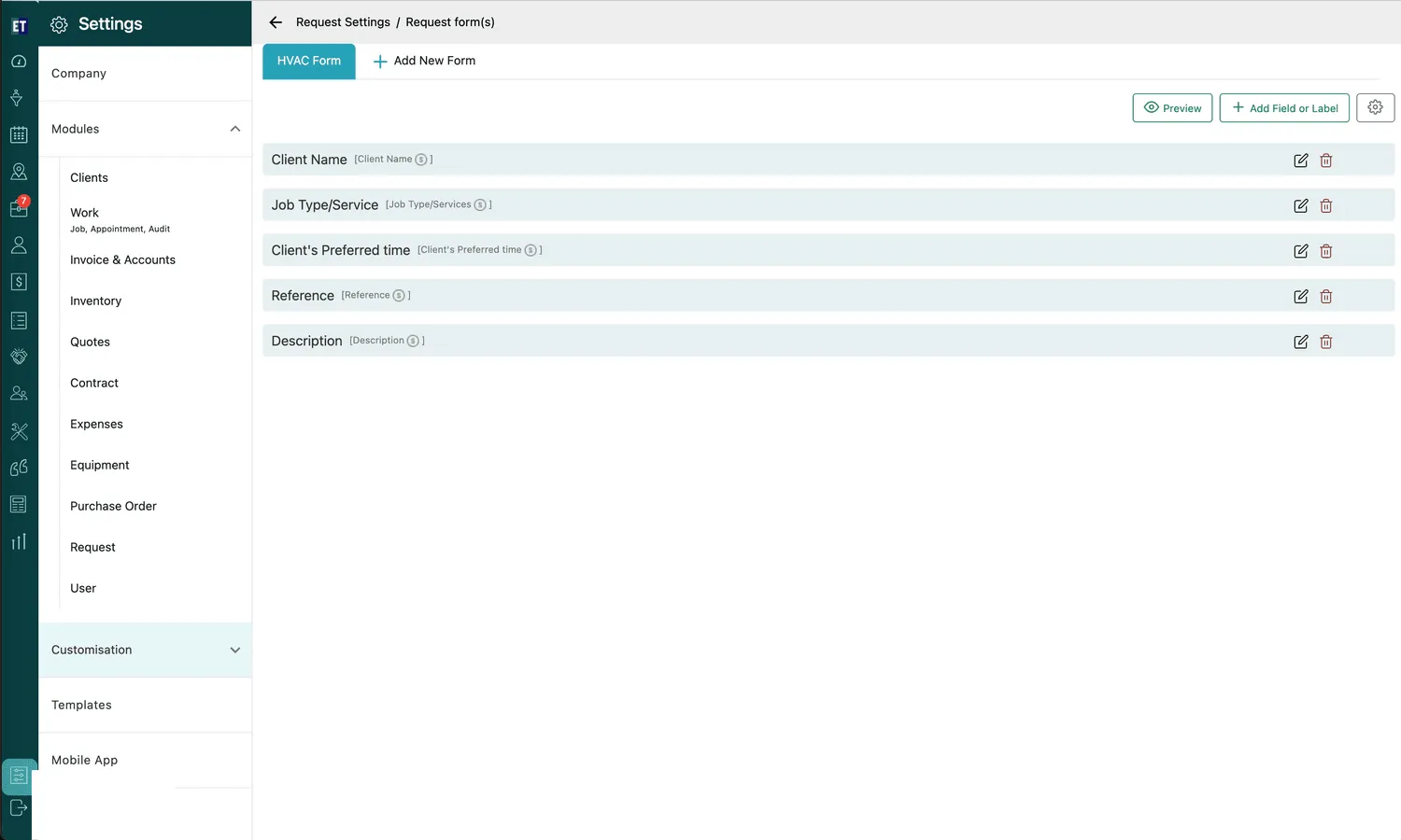 Settings → Request Settings → Request form(s), with the HVAC Form tab, Add New Form, and the form's five fields listed