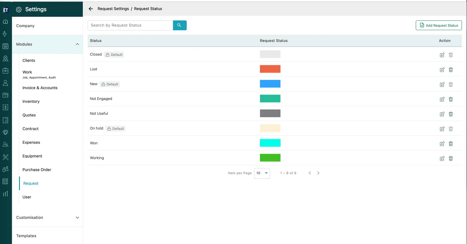 Settings → Request Settings → Request Status, listing Closed, Lost, New, Not Engaged, Not Useful, On hold, Won and Working with their colours
