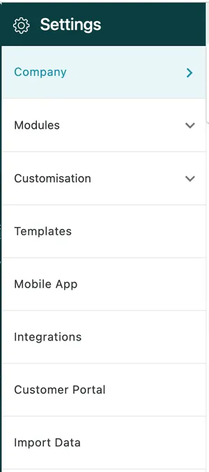 The Settings section list: Company, Modules, Customisation, Templates, Mobile App, Integrations, Customer Portal, Import Data