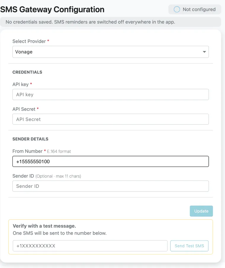 The SMS Gateway Configuration screen: a Not configured badge, Select Provider set to Vonage, API key and API Secret, From Number and Sender ID, Update, and a Send Test SMS panel