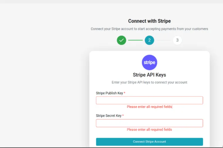 Step 2: the Stripe Publish Key and Stripe Secret Key fields