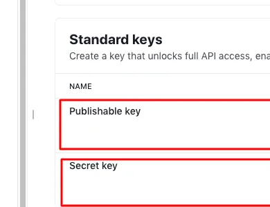 Stripe's API keys page, listing the publishable key and the secret key