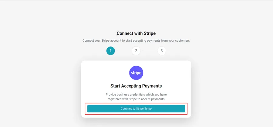 Connect with Stripe, step 1, with Continue to Stripe Setup