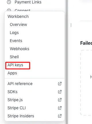 Stripe's Developers menu with API keys