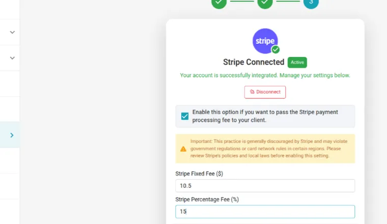 The Stripe Fixed Fee and Stripe Percentage Fee fields, with Save Changes