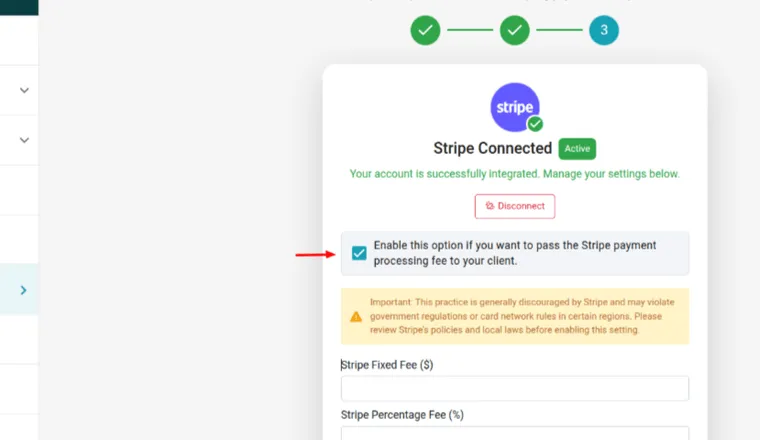 Step 3: the tickbox for passing the Stripe processing fee to the client