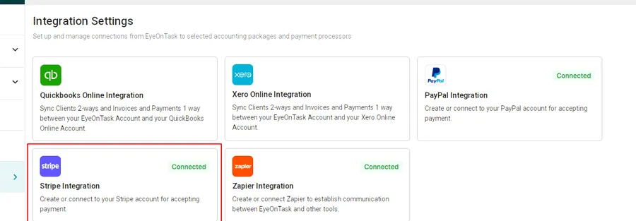 Integration Settings, with the Stripe card fourth among five