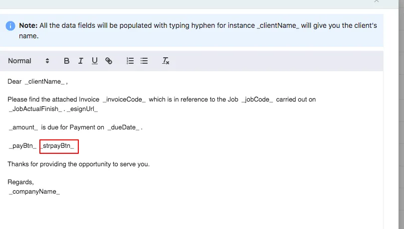 The invoice email template editor with strpayBtn in the body