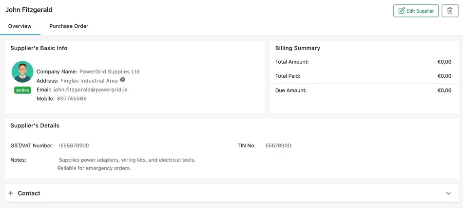 The supplier page: Supplier's Basic Info and Billing Summary across the top, Supplier's Details below, and a Contact section
