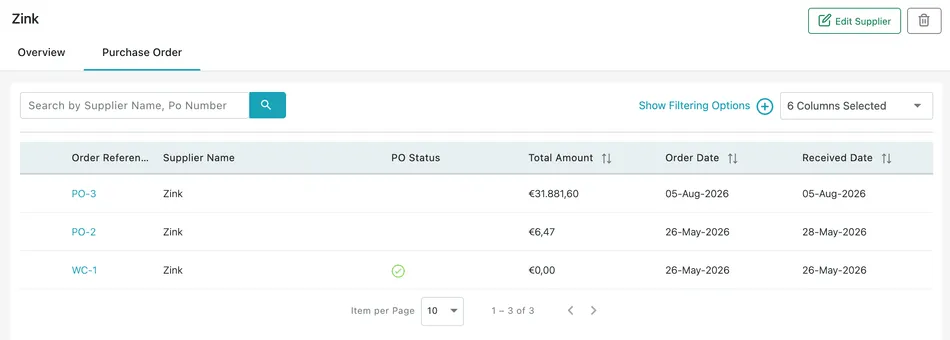 The Purchase Order tab on a supplier, listing their orders with reference, status, total, order date and received date