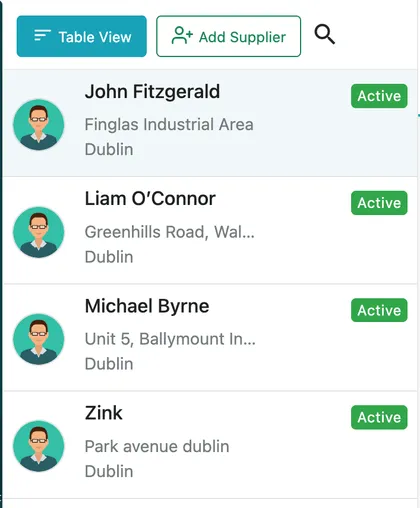 The supplier list: each entry with a name, address, city and an Active badge