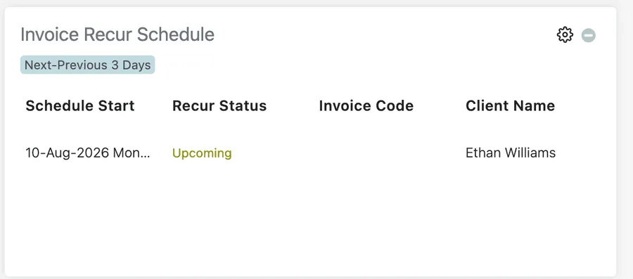 Invoice Recur Schedule table showing schedule start, recur status, invoice code, and client
