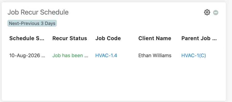 Job Recur Schedule table showing schedule start, recur status, job code, client, and parent job