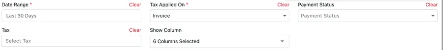 The Tax Report filters: Date Range and Tax Applied On both required, with Payment Status, Tax and Show Column