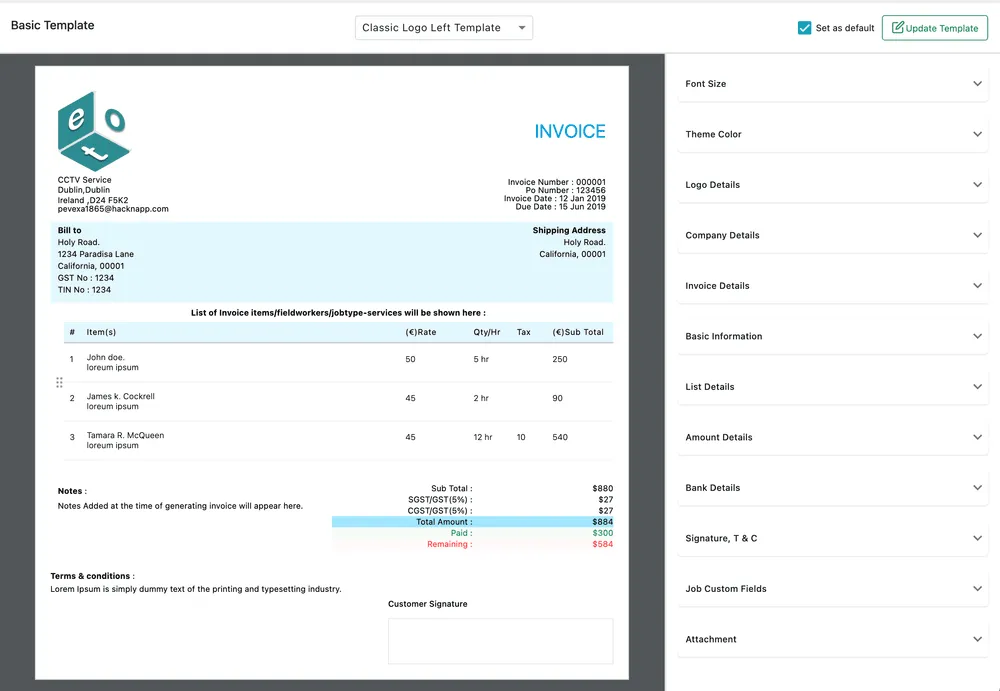 The invoice template preview: logo, company address, invoice number and dates, bill-to and shipping address, the item table, the amount breakdown with paid and remaining, terms and a customer signature box