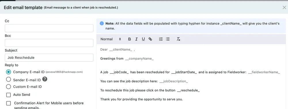 The Edit email template dialog: Cc, Bcc, Subject, a Reply to choice, Auto Send and confirmation-alert tick boxes, and a rich text editor with data placeholders in the body