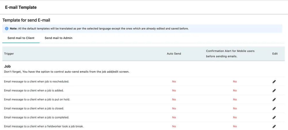 The e-mail template list: tabs for Send mail to Client and Send mail to Admin, and job triggers with Auto Send and a mobile confirmation-alert column