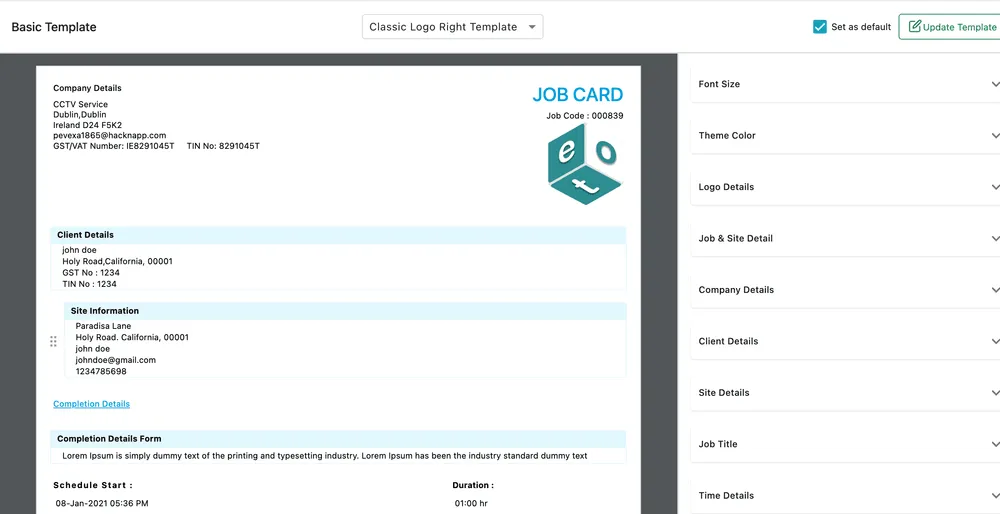 The job card template preview: company details, job code, and the layout of the completed work