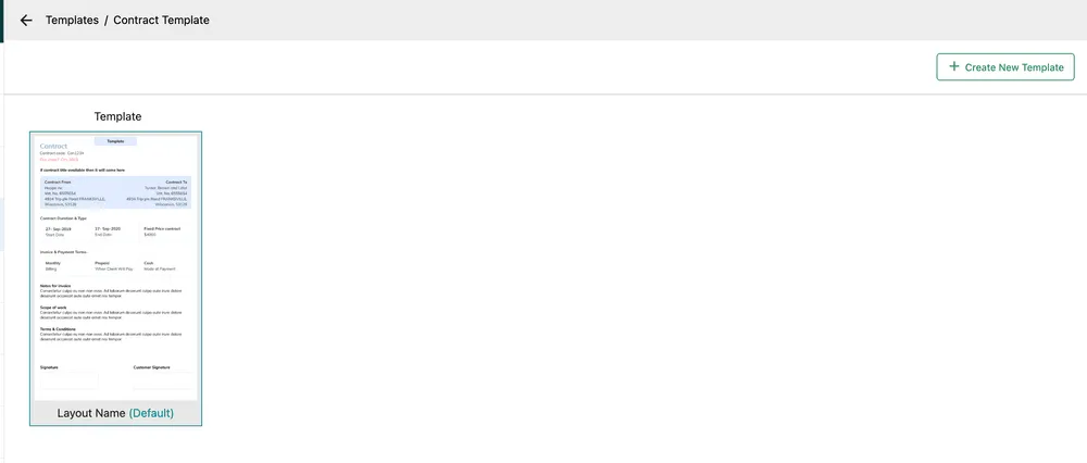 A template type showing its saved layouts, one marked Default, with Create New Template