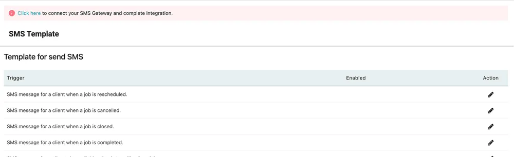 The SMS template screen with a red banner reading Click here to connect your SMS Gateway and complete integration