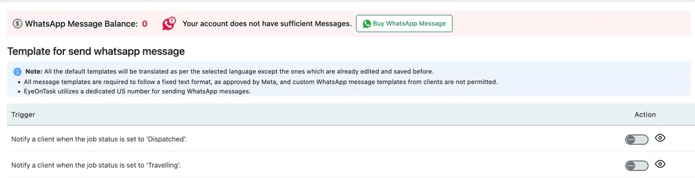 The WhatsApp template screen: a message balance of zero with a Buy WhatsApp Message button, notes about Meta's fixed format, and triggers with an on/off switch and a preview eye
