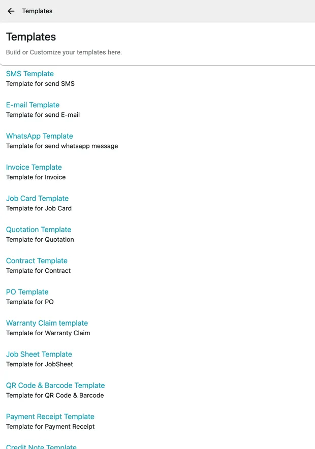 The Templates list: SMS, E-mail, WhatsApp, Invoice, Job Card, Quotation, Contract, PO, Warranty Claim, Job Sheet, QR Code & Barcode, Payment Receipt and Credit Note