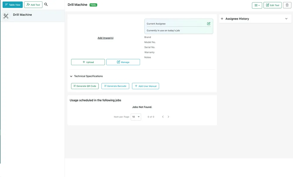 A tool's page: the current assignee, its details, technical specifications, and the jobs its use is scheduled on